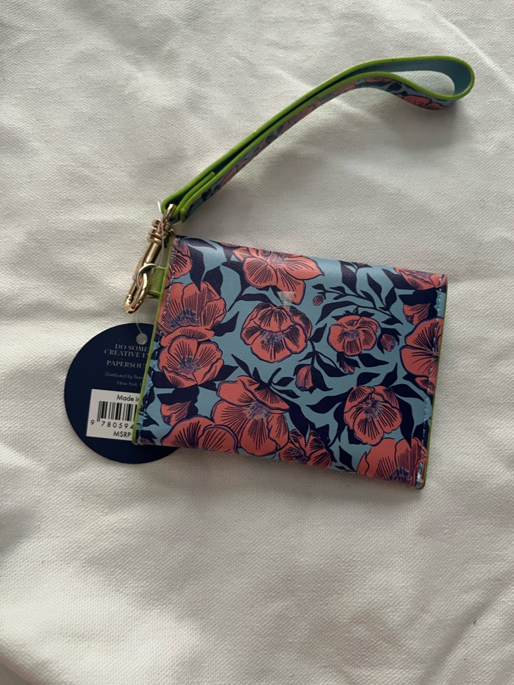 Paper Source Floral Wristlet Wallet - Blue with Coral Flowers and Lime Strap